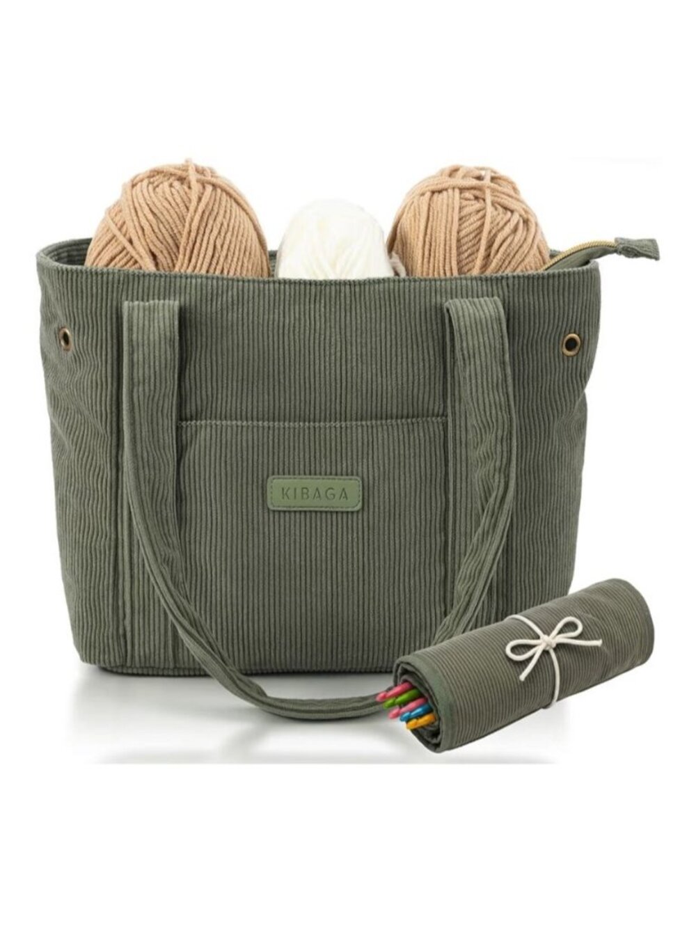 Kibaga Stylish Corduroy Yarn Bag Crochet Knitting 4 Interior Pockets Yarn Holes